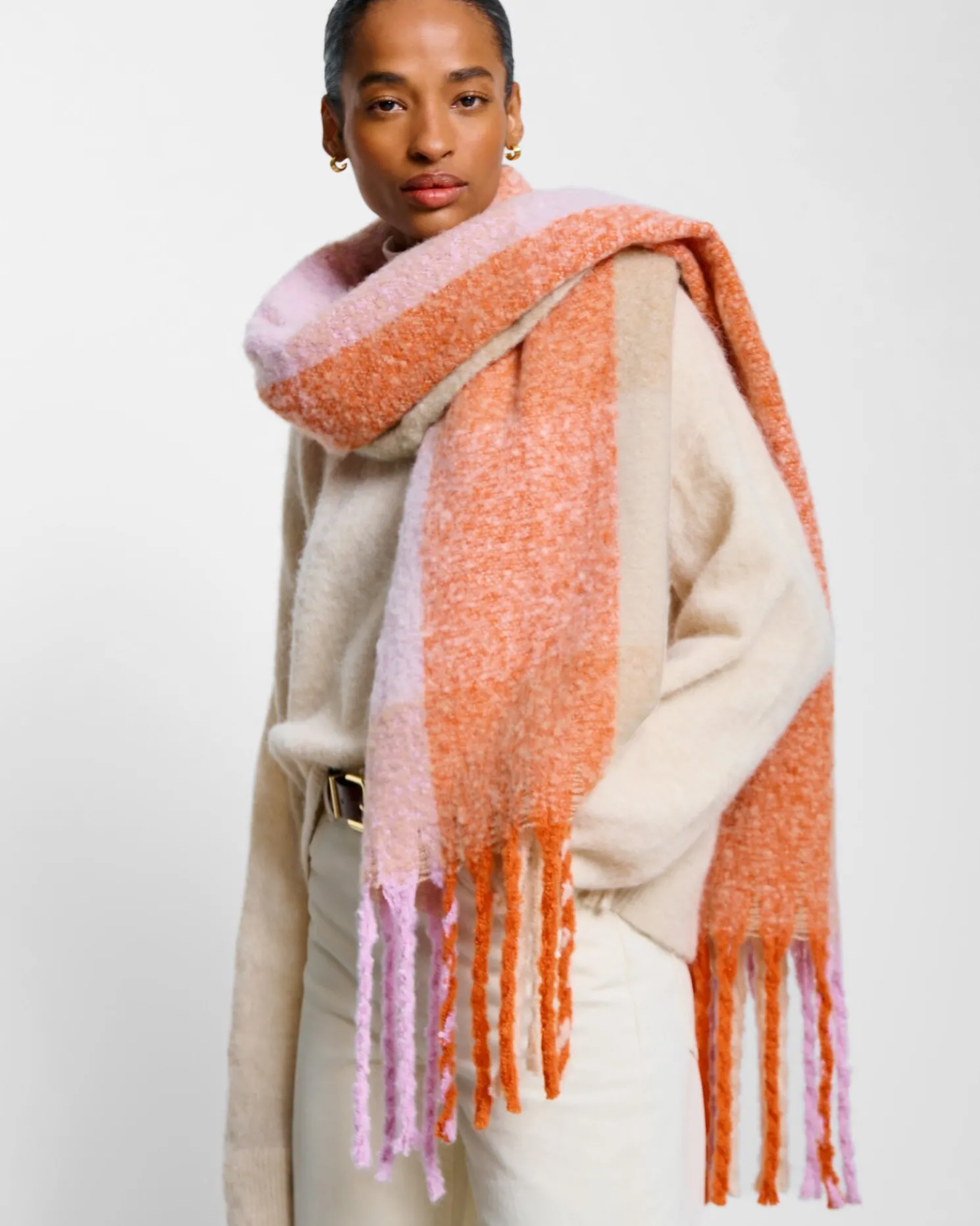 Recycled Checked Tassel Scarf